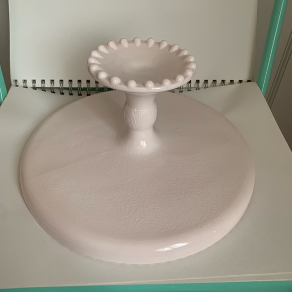 Vintage Jeanette Pale Pink Milk Glass Beaded 10” Cake Stand Pedestal - Picture 4 of 5